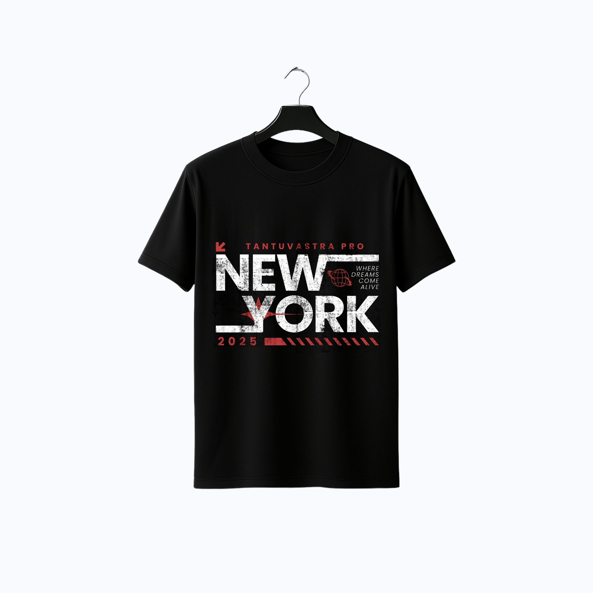 Black t-shirt with 'New York' text on a hanger against a white background