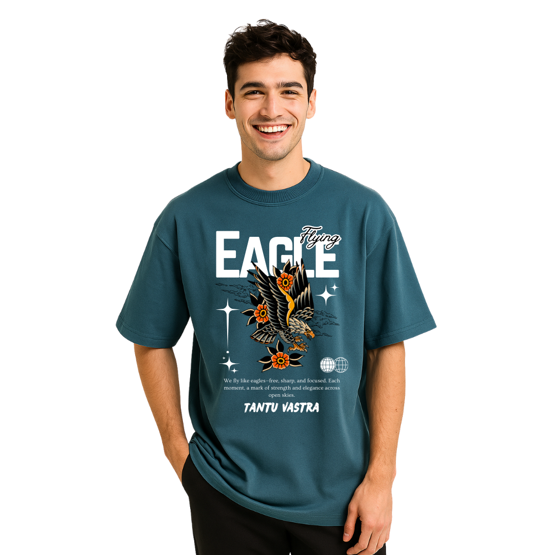 Man wearing a teal t-shirt with an eagle design and text on a white background