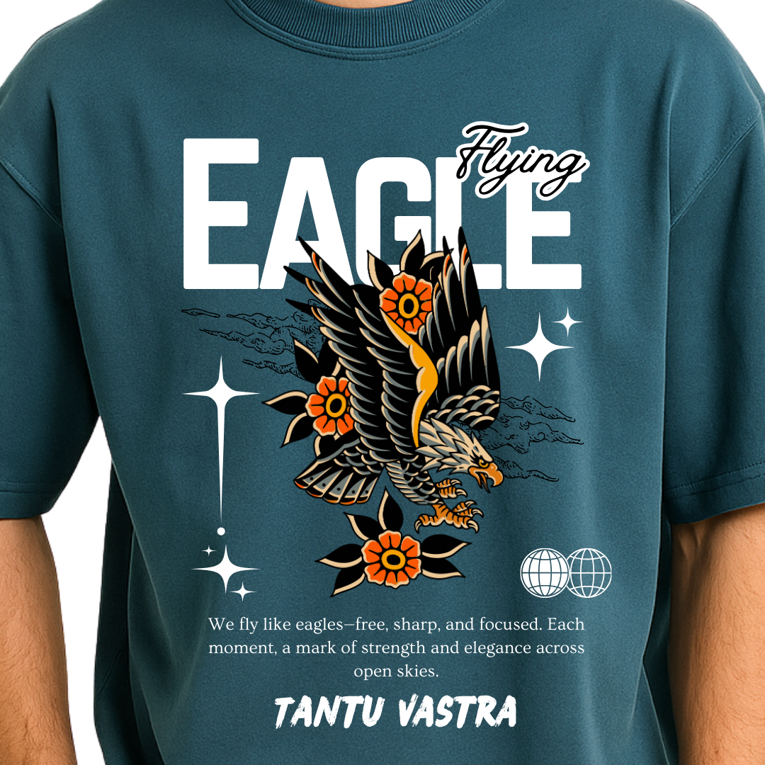 Teal t-shirt with an eagle design and text on a white background