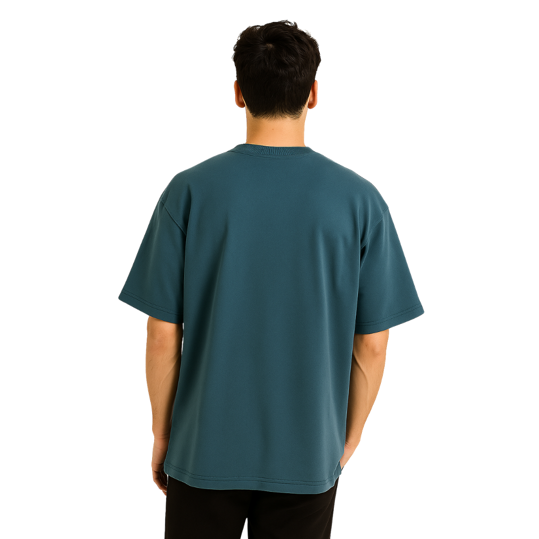 Person wearing a teal t-shirt on a white background