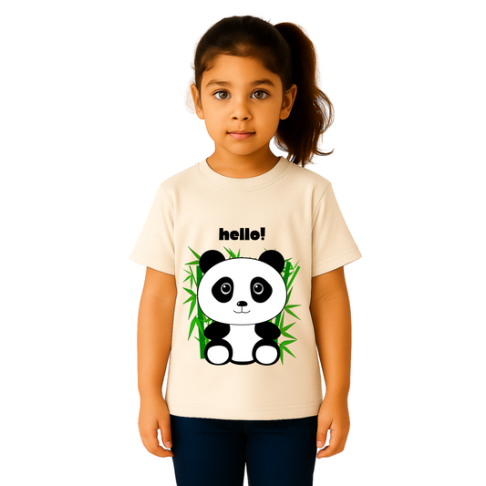 Kids Oversized French Terry Cotton T-Shirt – Hello Panda Print (Beige)