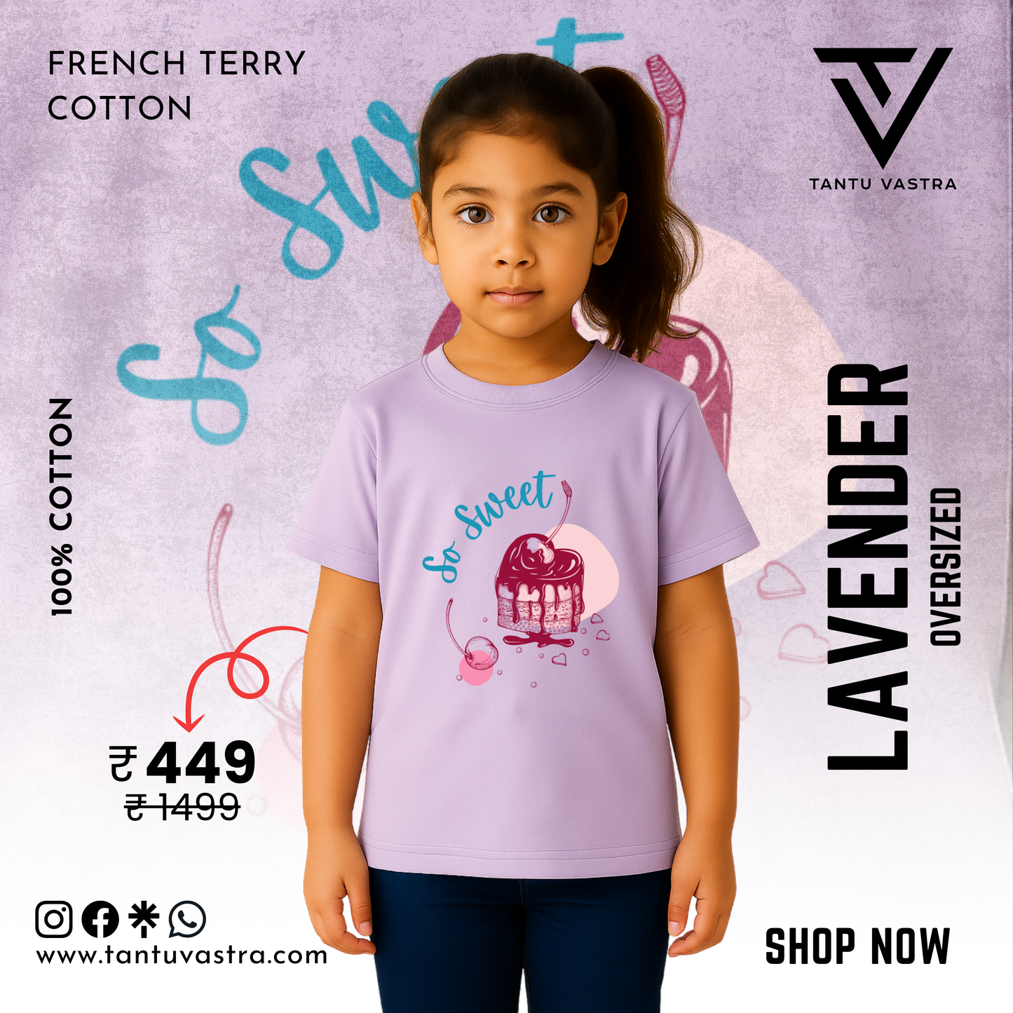 Kids Oversized French Terry Cotton T-Shirt – So Sweet Cupcake Print (Lavender)