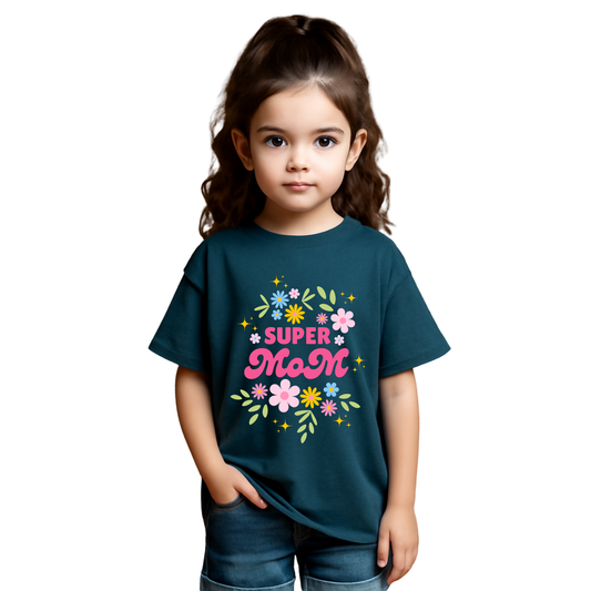 Kids Oversized French Terry Cotton T-Shirt – Super Mom Floral Print (Air Force Blue)