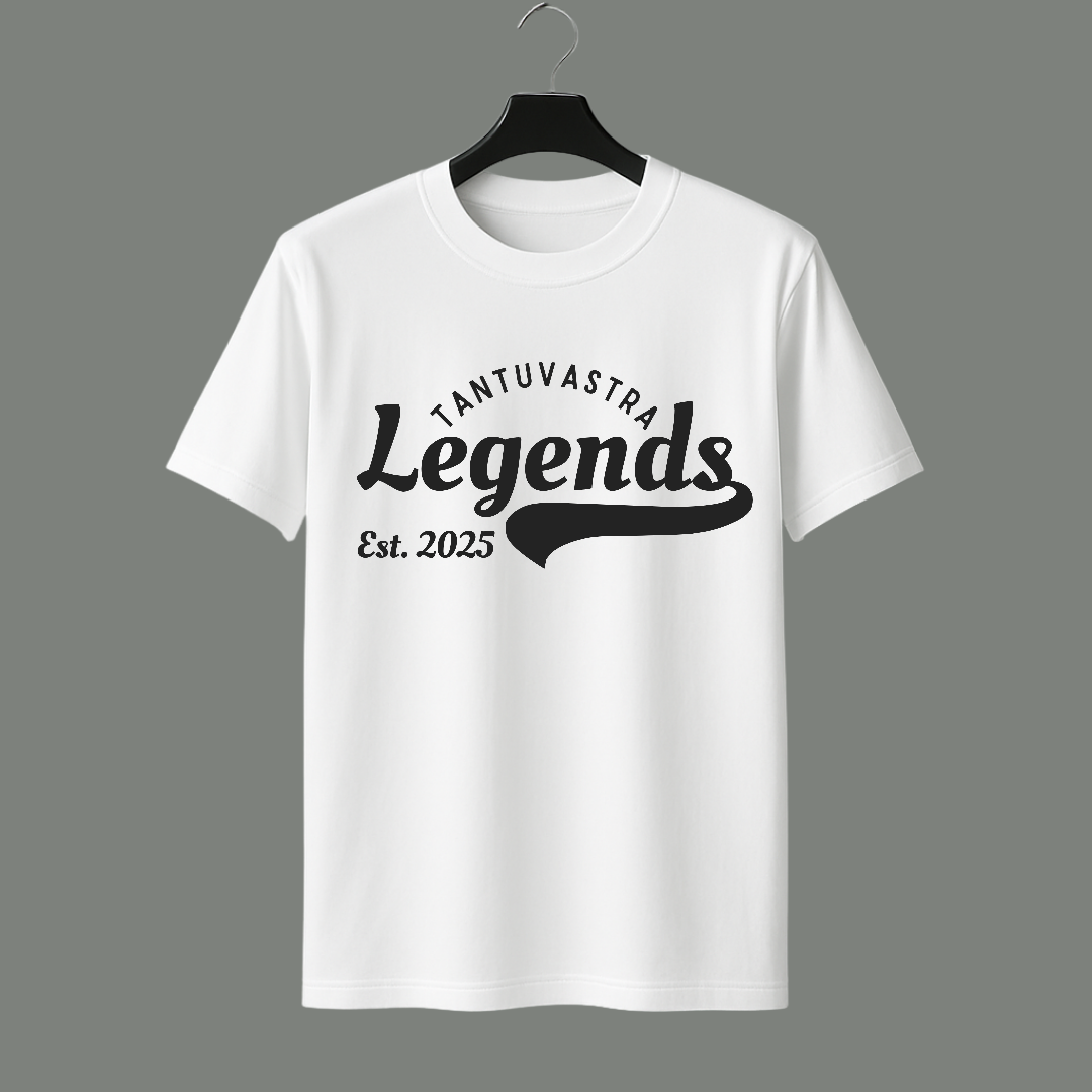 White t-shirt with 'Tantuvastra Legends Est. 2025' text on a hanger against a gray background