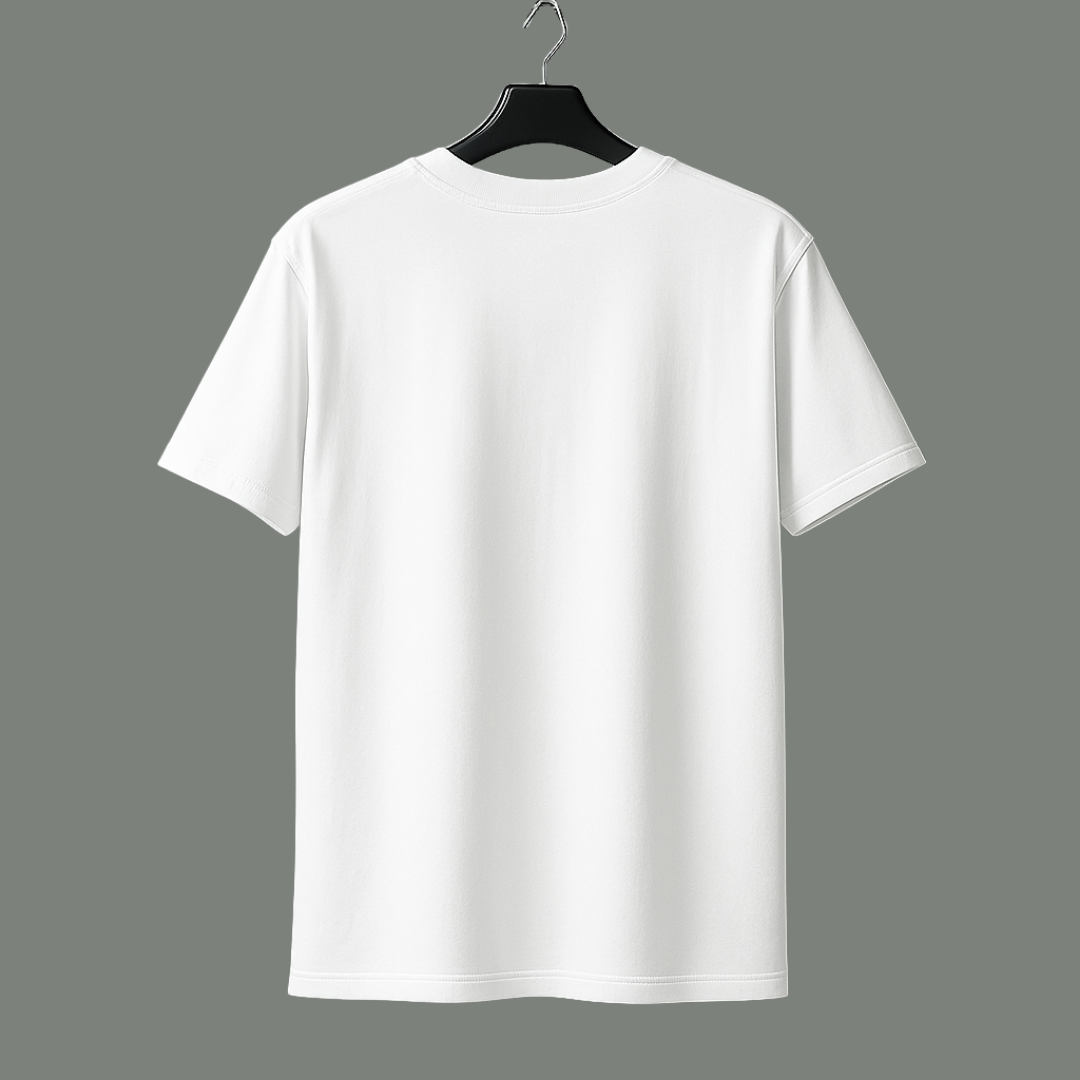White t-shirt on a hanger against a gray background