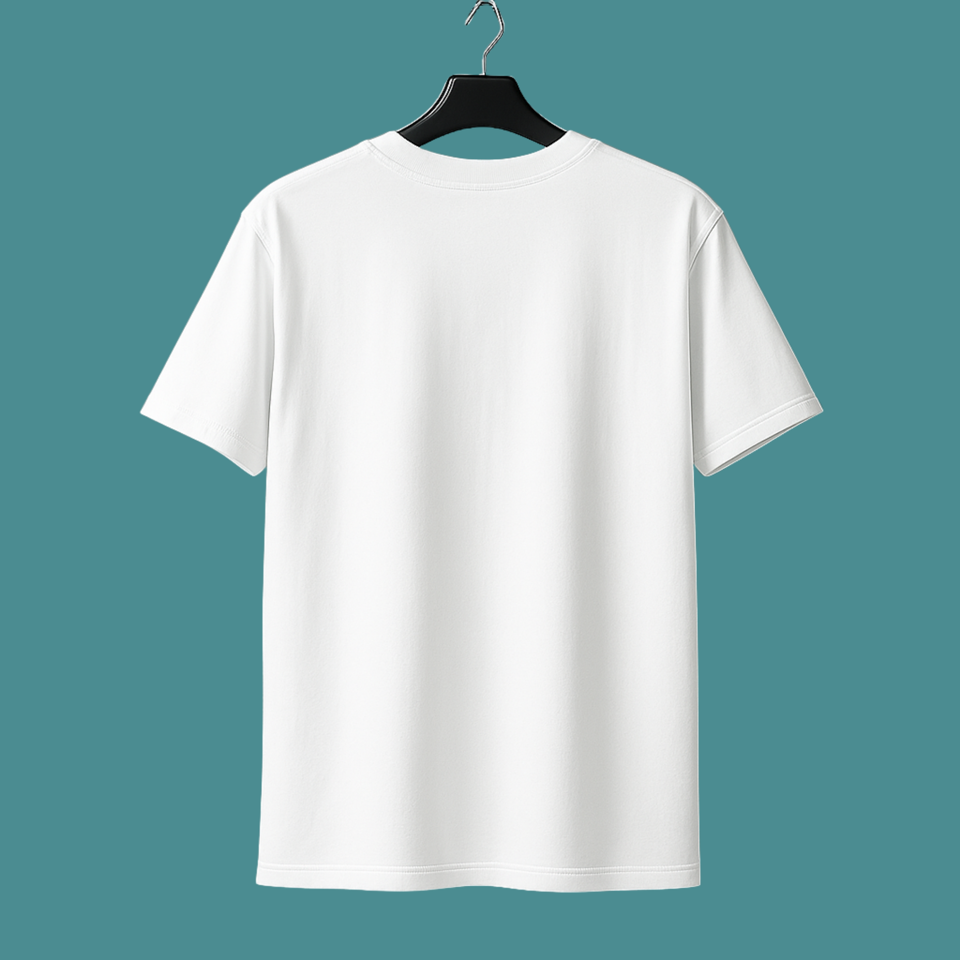White t-shirt on a hanger against a teal background