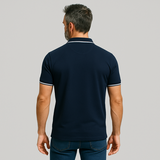 Navy Blue Premium Cotton Polo T-Shirt with White Tipping