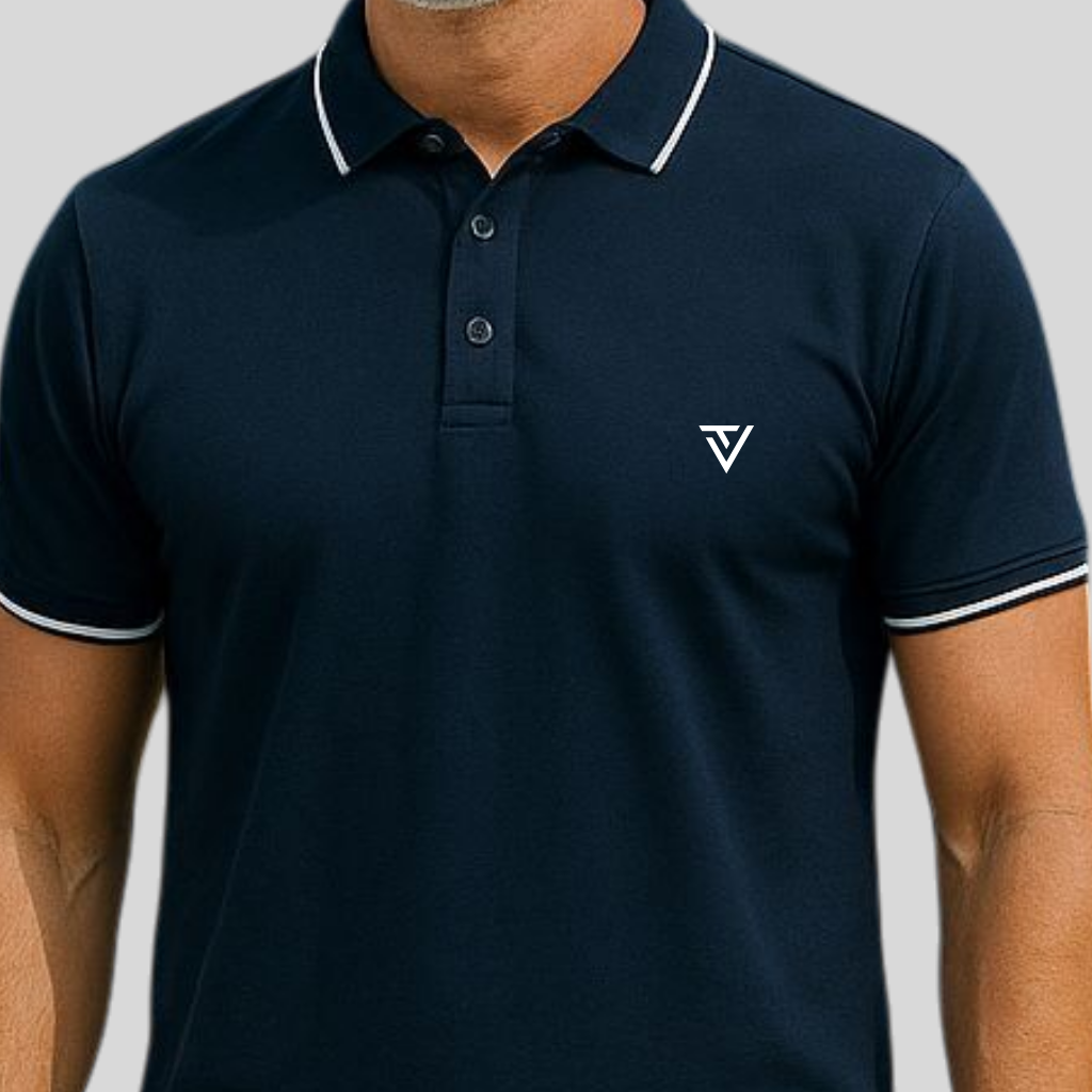 Navy Blue Premium Cotton Polo T-Shirt with White Tipping