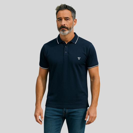 Navy Blue Premium Cotton Polo T-Shirt with White Tipping