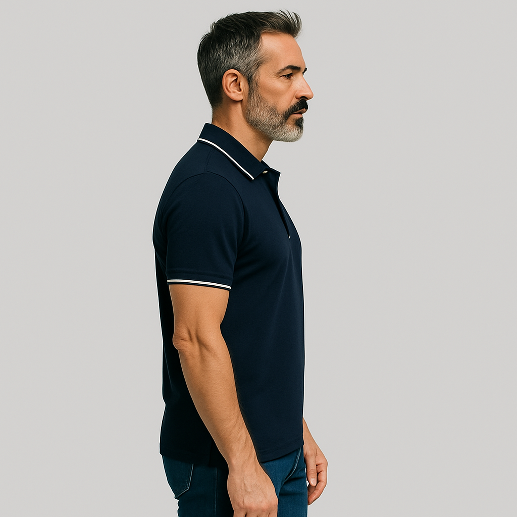 Navy Blue Premium Cotton Polo T-Shirt with White Tipping