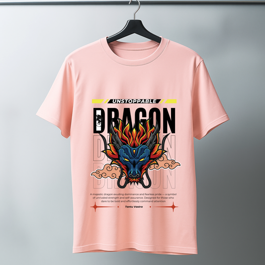 Peach Pink French Terry Oversized T-Shirt With Dragon Print