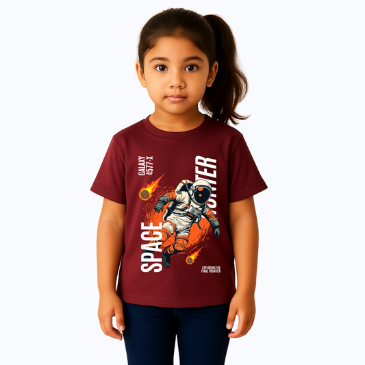 Kids Oversized French Terry Cotton T-Shirt – Space Explorer Print (Wine Red)