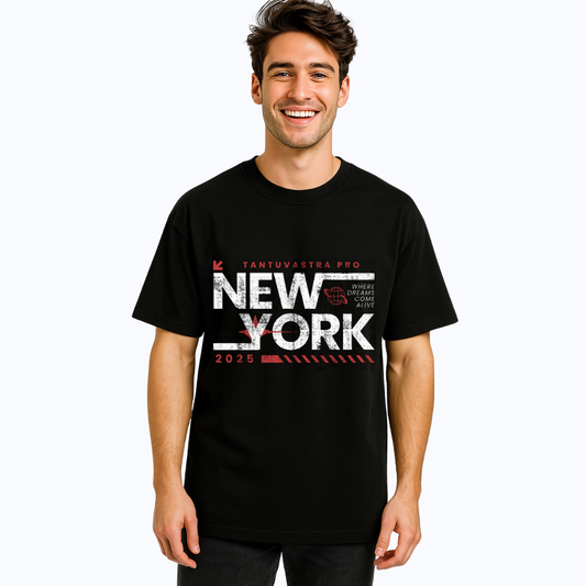 Man wearing a black t-shirt with 'New York 2025' text design on a white background