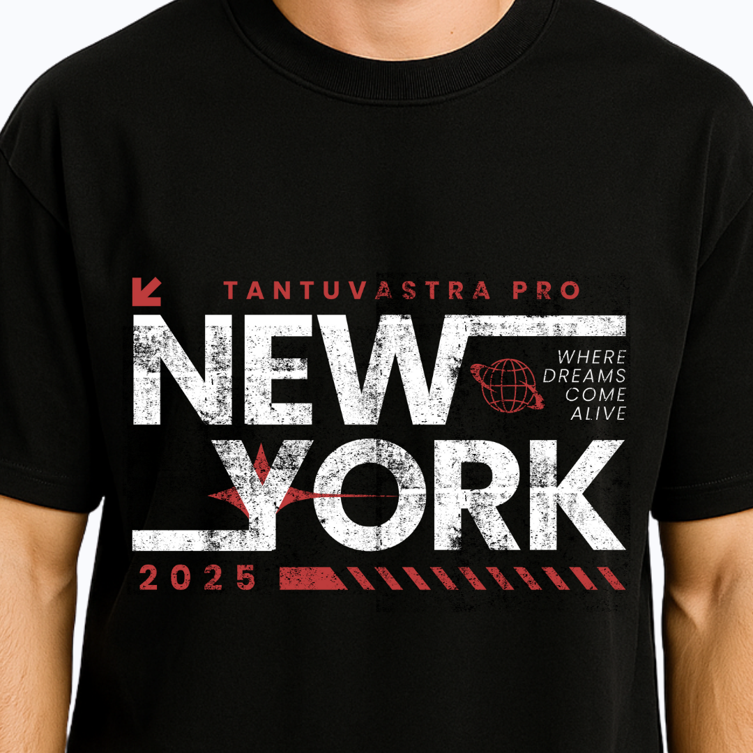 Black t-shirt with 'New York 2025' text and branding on a person wearing it.