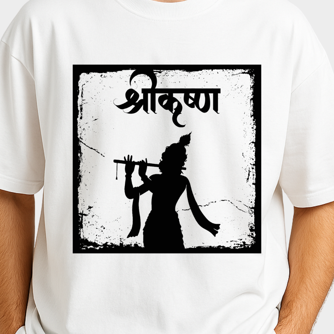 White t-shirt with black silhouette design of a person playing a flute and text on a white background