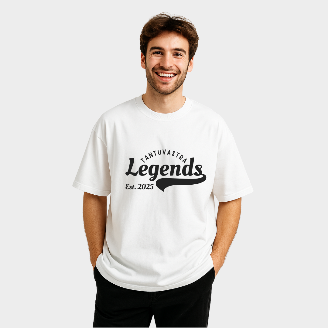 Man wearing a white t-shirt with 'Tantuvastha Legends Est. 2025' text on a white background