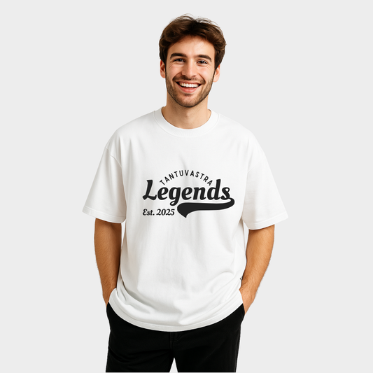 Man wearing a white t-shirt with 'Tantuvastha Legends Est. 2025' text on a white background