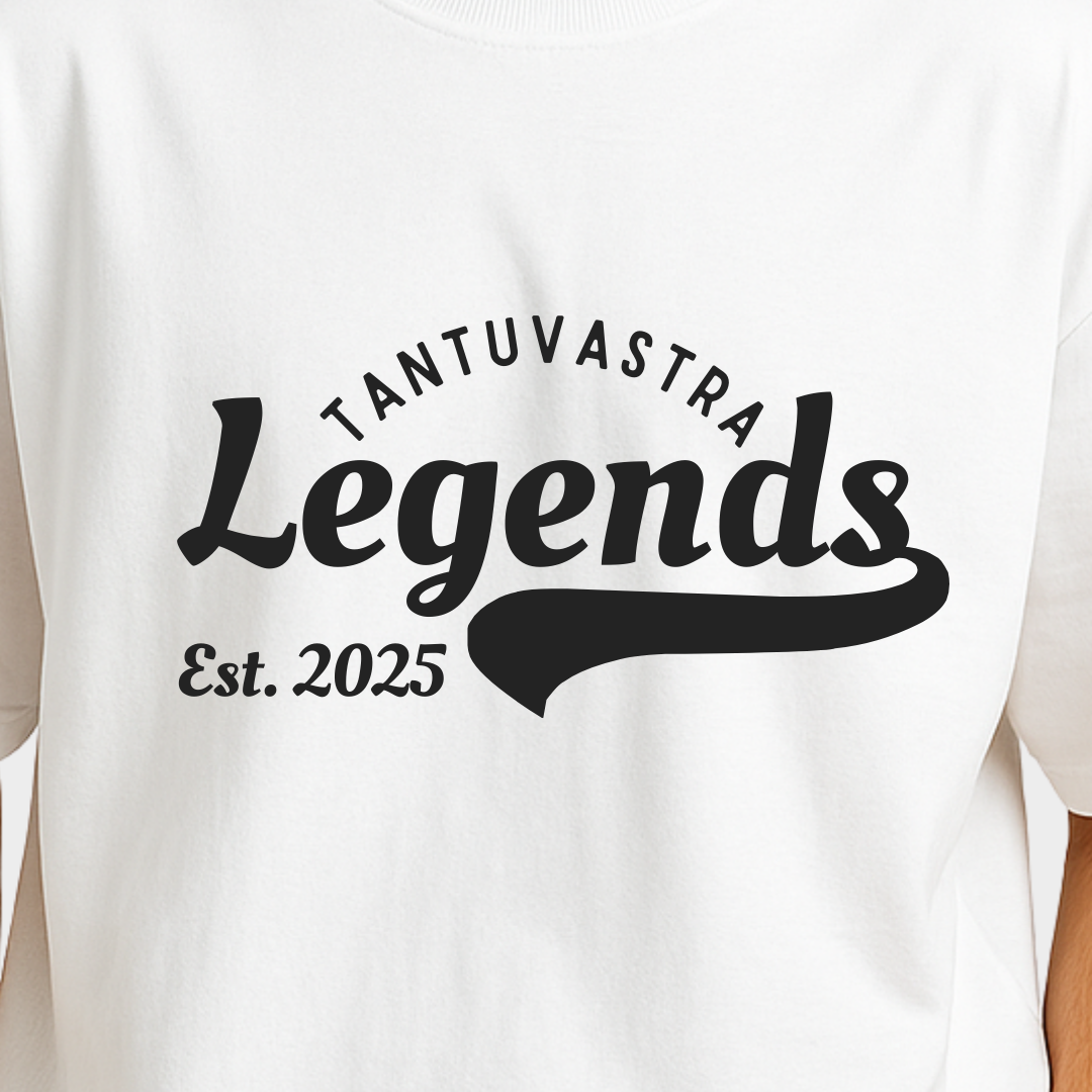 White sweatshirt with 'Tantuvastra Legends Est. 2025' text on a white background