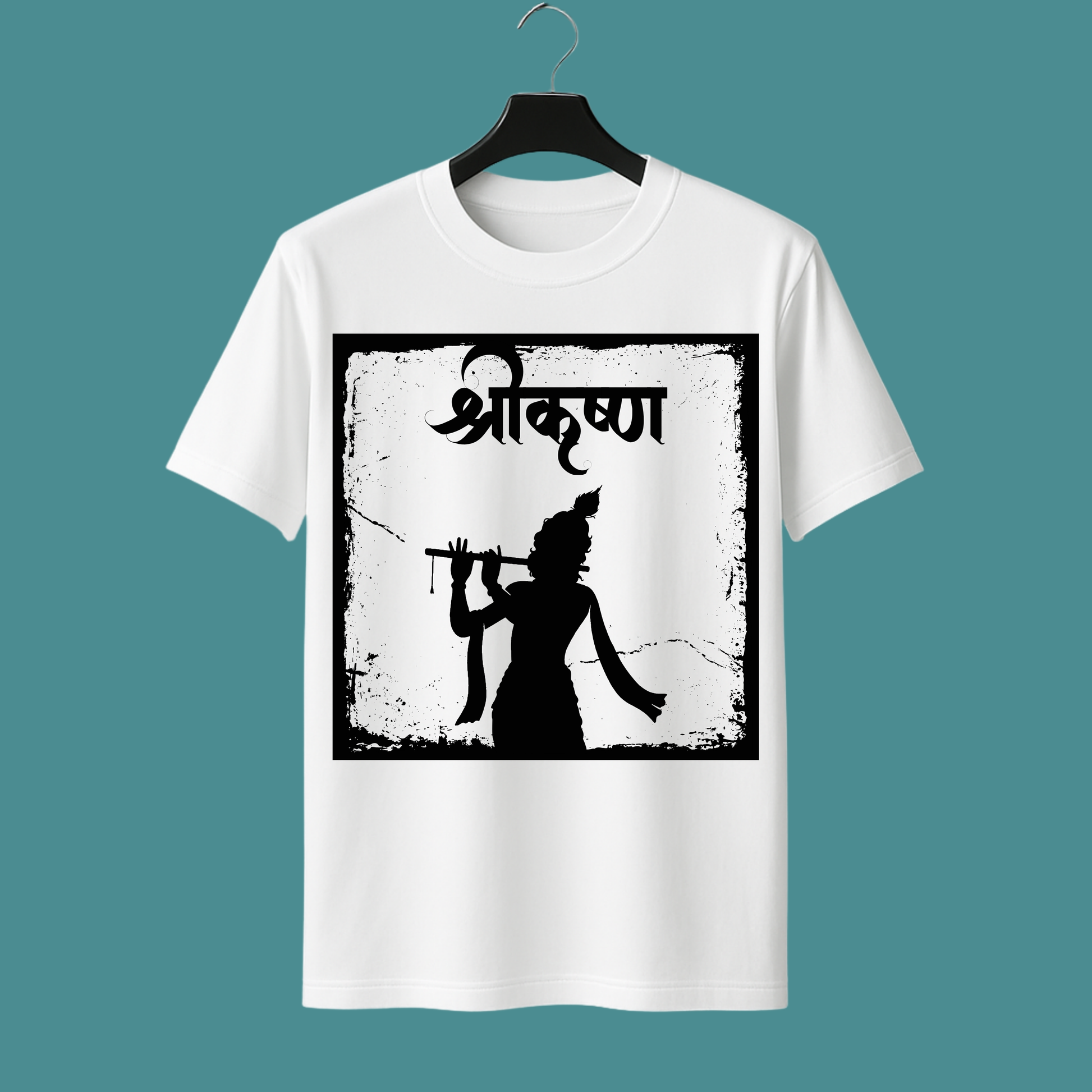 White t-shirt with black graphic design on a hanger against a teal background