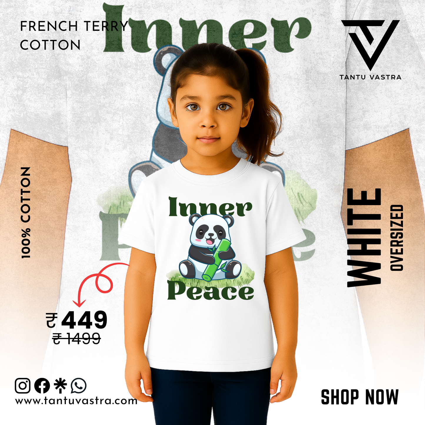 Kids Oversized French Terry Cotton T-Shirt – Inner Peace Panda Print (White)