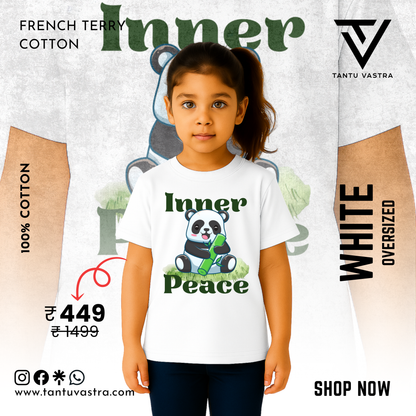Kids Oversized French Terry Cotton T-Shirt – Inner Peace Panda Print (White)
