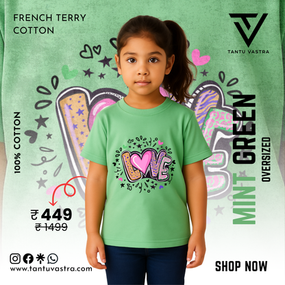 Kids Oversized French Terry Cotton T-Shirt – Love Print (Mint Green)