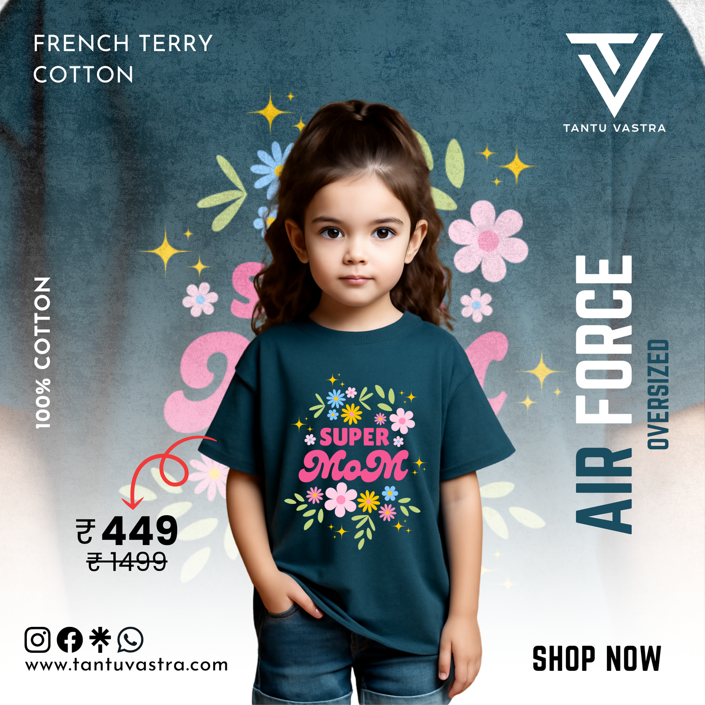 Kids Oversized French Terry Cotton T-Shirt – Super Mom Floral Print (Air Force Blue)