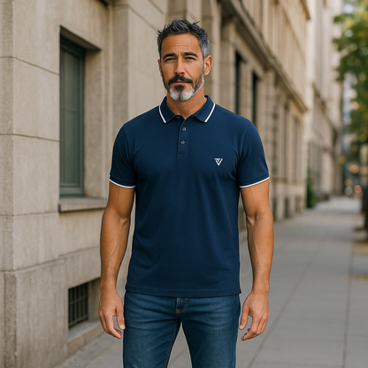 Navy Blue Premium Cotton Polo T-Shirt with White Tipping