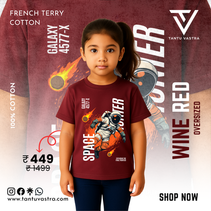 Kids Oversized French Terry Cotton T-Shirt – Space Explorer Print (Wine Red)